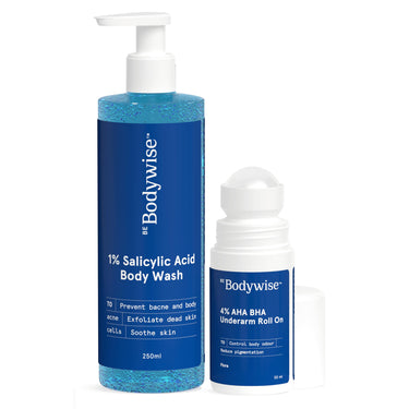 Be Bodywise 1% Salicylic Acid Body Wash (250ml) & Underarm Roll on (50ml) | 2% Lactic Acid, 1% Mandelic Acid | Prevents Body Acne, Odour & Pigmentation | Suitable for Sensitive Skin